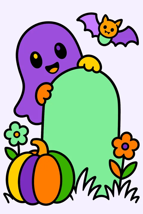 Ghost peeking out from behind a rounded tombstone, with grass, flowers, a pumpkin and a bat nearby coloring page