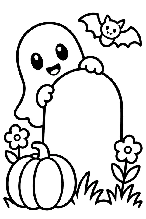 Ghost peeking out from behind a rounded tombstone, with grass, flowers, a pumpkin and a bat nearby coloring page