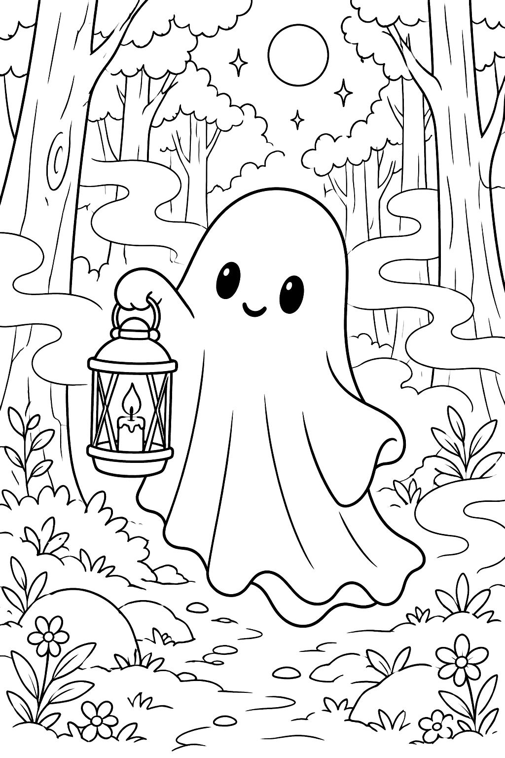 Ghost holding a lantern in a foggy forest coloring page