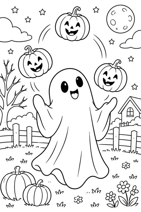 Ghost juggling pumpkins coloring page