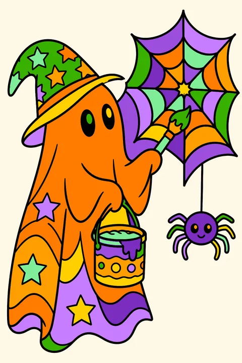 Ghost painting a spider web coloring page