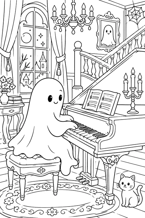Ghost playing a piano in an old mansion coloring page