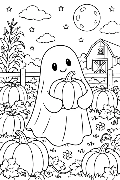 Ghost with a pumpkin in a pumpkin patch coloring page