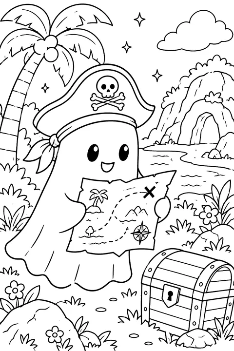 Ghost reading a map on a treasure hunt coloring page