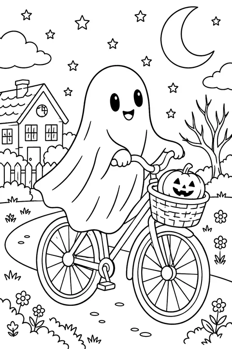 Ghost riding a bicycle at night coloring page