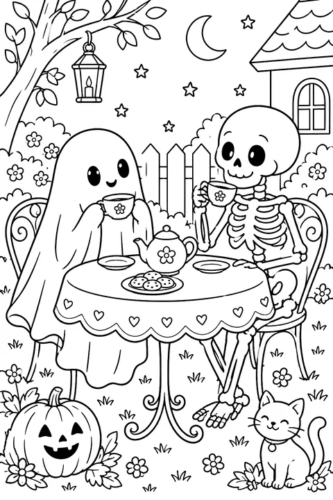 Ghost sipping tea with a skeleton coloring page