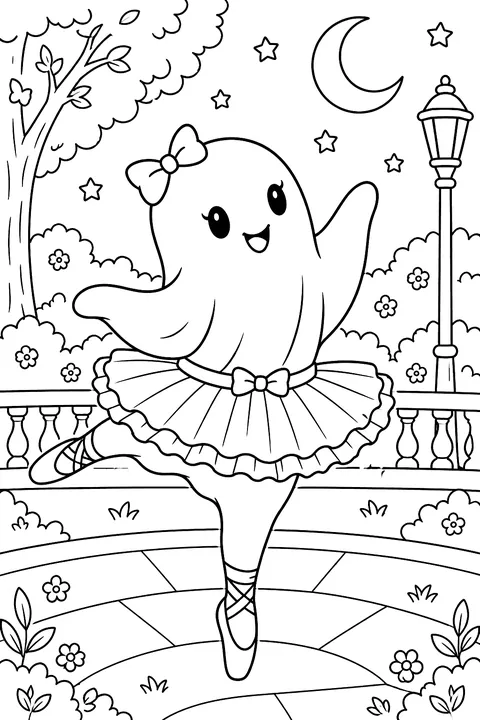 Ghost in a tutu dancing coloring page