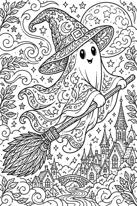 Ghost with a witch hat on a broom coloring page