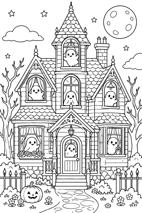 Haunted house with many friendly ghosts in the windows coloring page