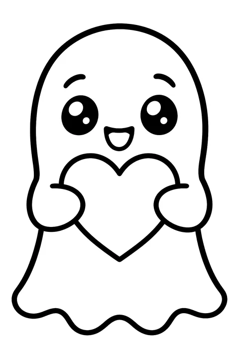 Kawaii ghost holding a heart coloring page