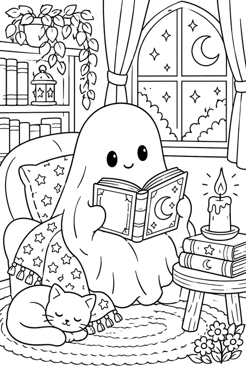 Little ghost reading a book by candlelight coloring page