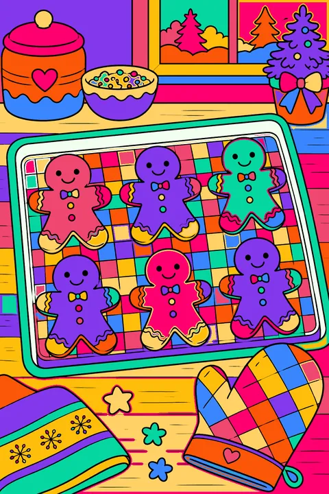 Gingerbread man cookies cooling on a baking tray next to an oven mitt coloring page
