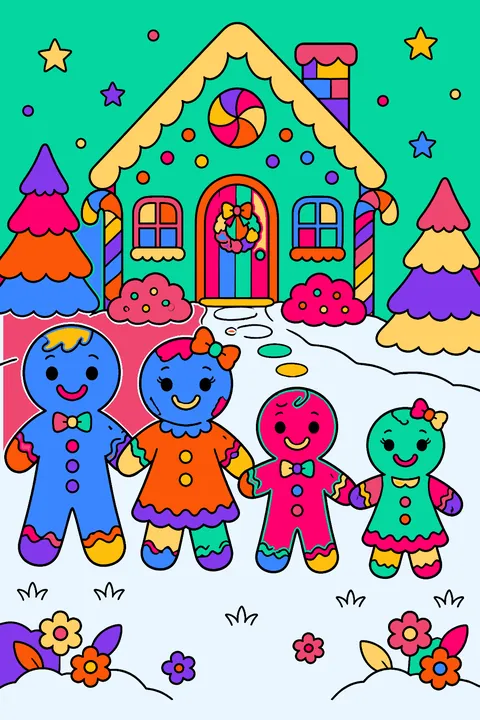 Gingerbread family holding hands in a row with icing smiles coloring page