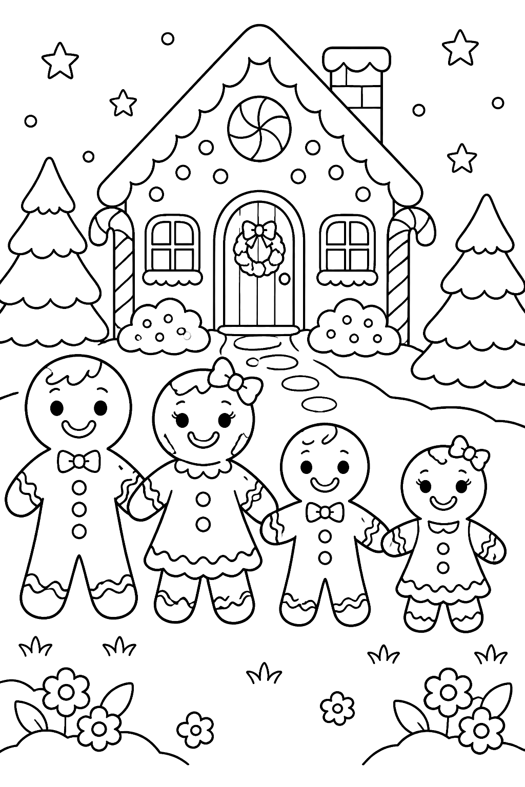 Gingerbread family holding hands in a row with icing smiles coloring page