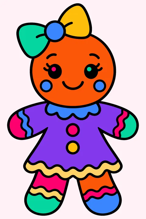 Gingerbread girl with a big hair bow and an icing dress coloring page