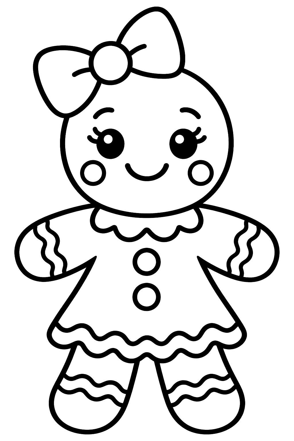 Gingerbread girl with a big hair bow and an icing dress coloring page
