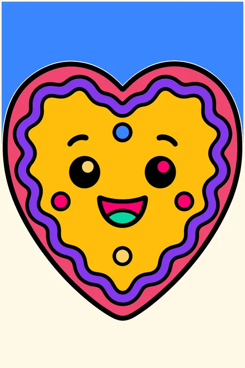 Heart shaped gingerbread cookie with a happy face and icing trim coloring page