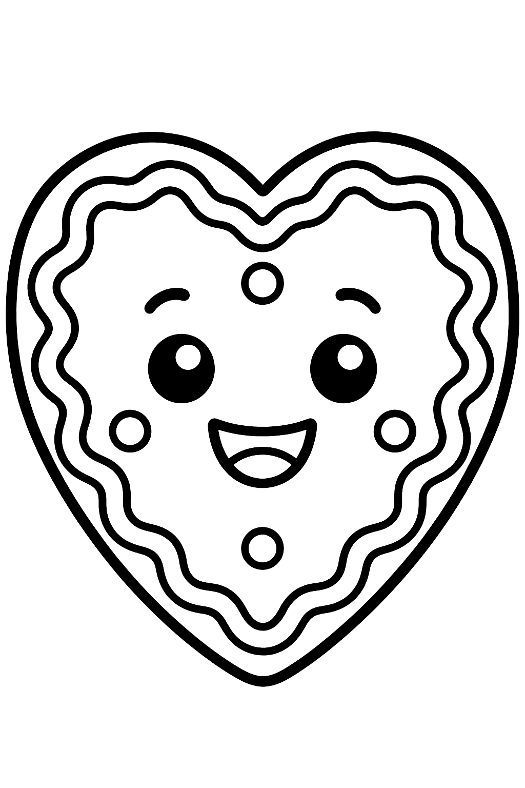 Heart shaped gingerbread cookie with a happy face and icing trim coloring page
