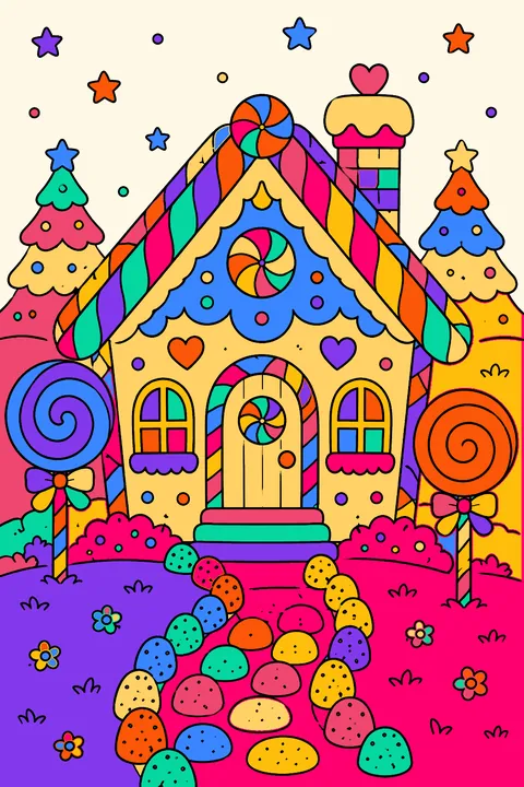 Gingerbread house with a candy cane roof gumdrop path and lollipop trees coloring page