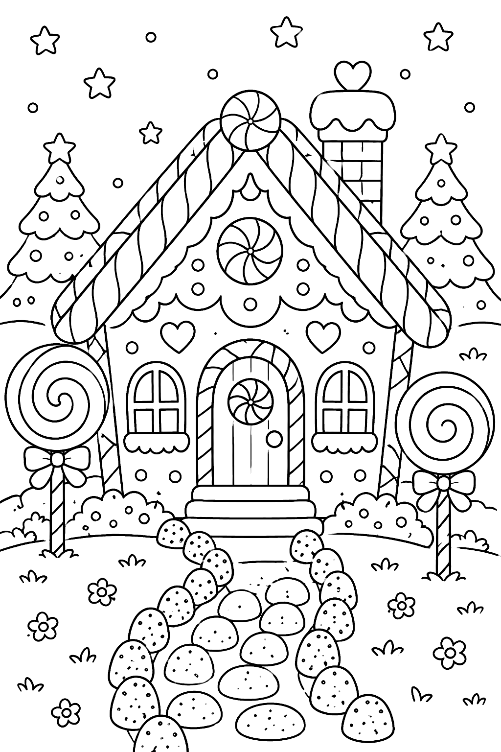 Gingerbread house with a candy cane roof gumdrop path and lollipop trees coloring page