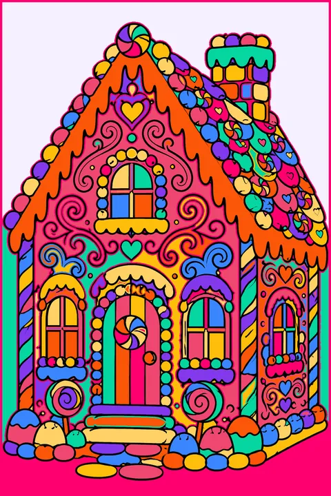 Large gingerbread house covered in intricate icing scrolls candy tiles and frosted windows coloring page