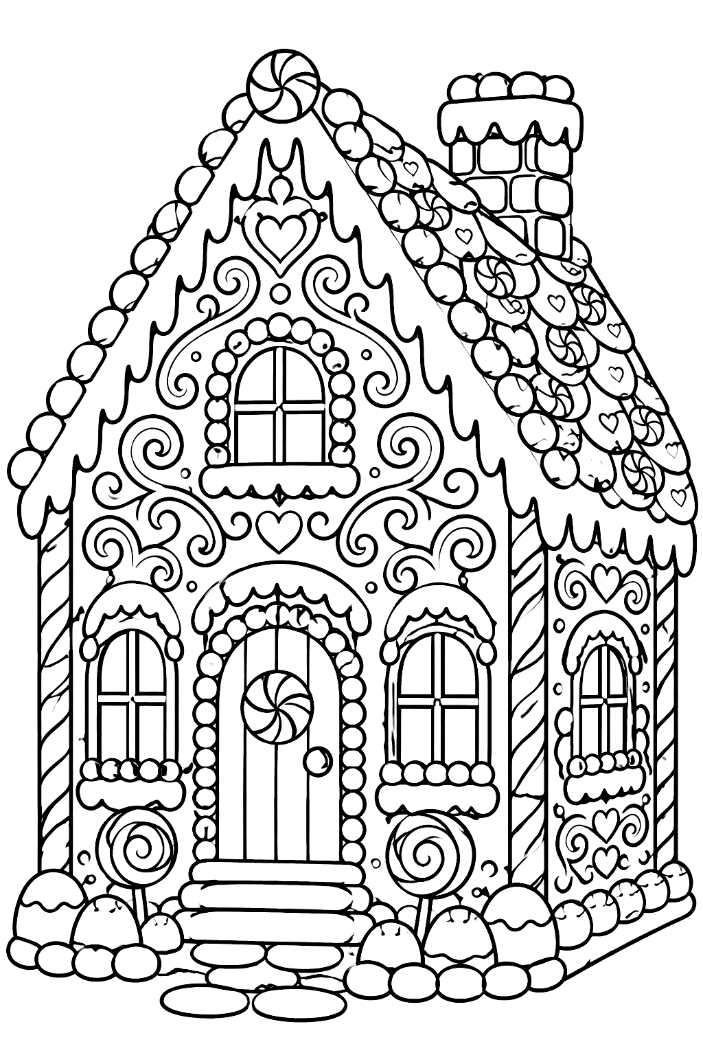 Large gingerbread house covered in intricate icing scrolls candy tiles and frosted windows coloring page