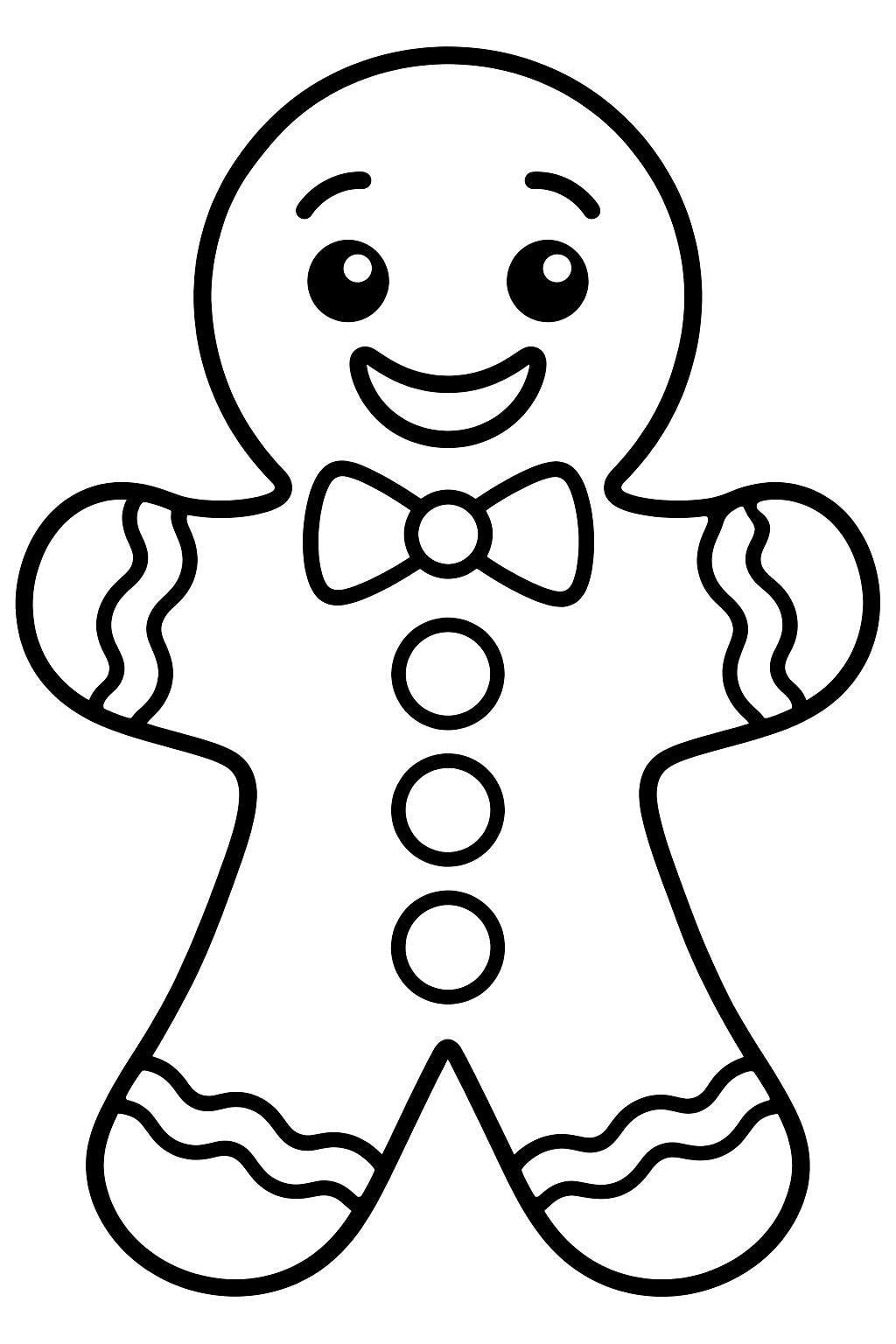 Gingerbread man with a bow tie and three gumdrop buttons coloring page