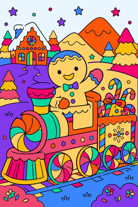 Gingerbread man riding a candy train with peppermint wheels coloring page