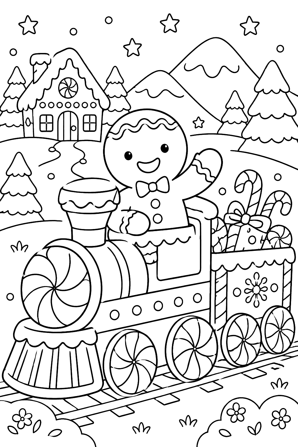 Gingerbread man riding a candy train with peppermint wheels coloring page