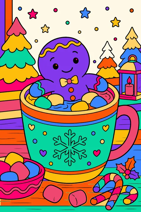 Gingerbread man relaxing in a mug of hot cocoa with marshmallows coloring page