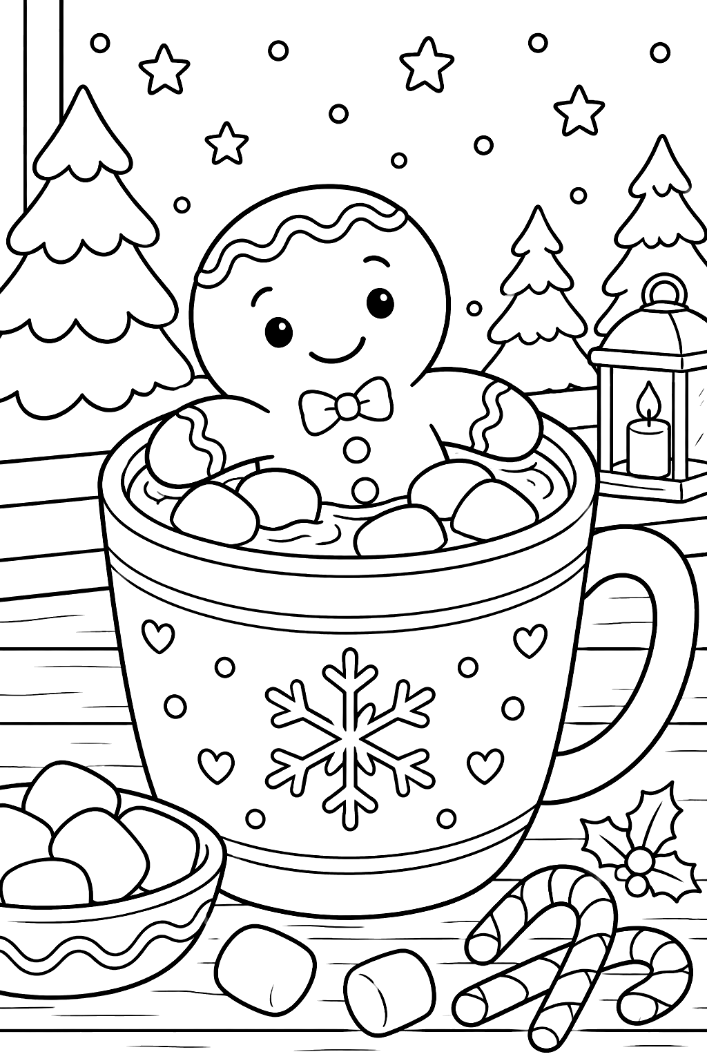 Gingerbread man relaxing in a mug of hot cocoa with marshmallows coloring page