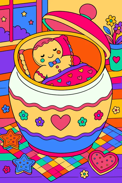Gingerbread man sleeping inside a cookie jar under a tiny blanket coloring page