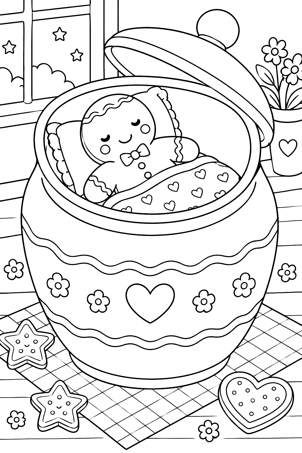 Gingerbread man sleeping inside a cookie jar under a tiny blanket coloring page