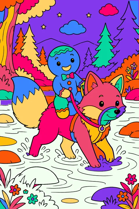 Gingerbread man riding on a fox across a river in the woods coloring page