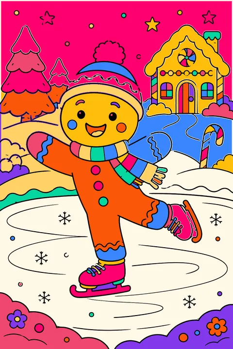 Gingerbread man ice skating on a frozen frosting pond coloring page