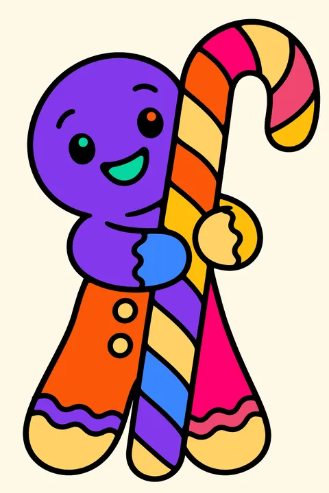 Gingerbread man hugging a giant striped candy cane with both arms coloring page