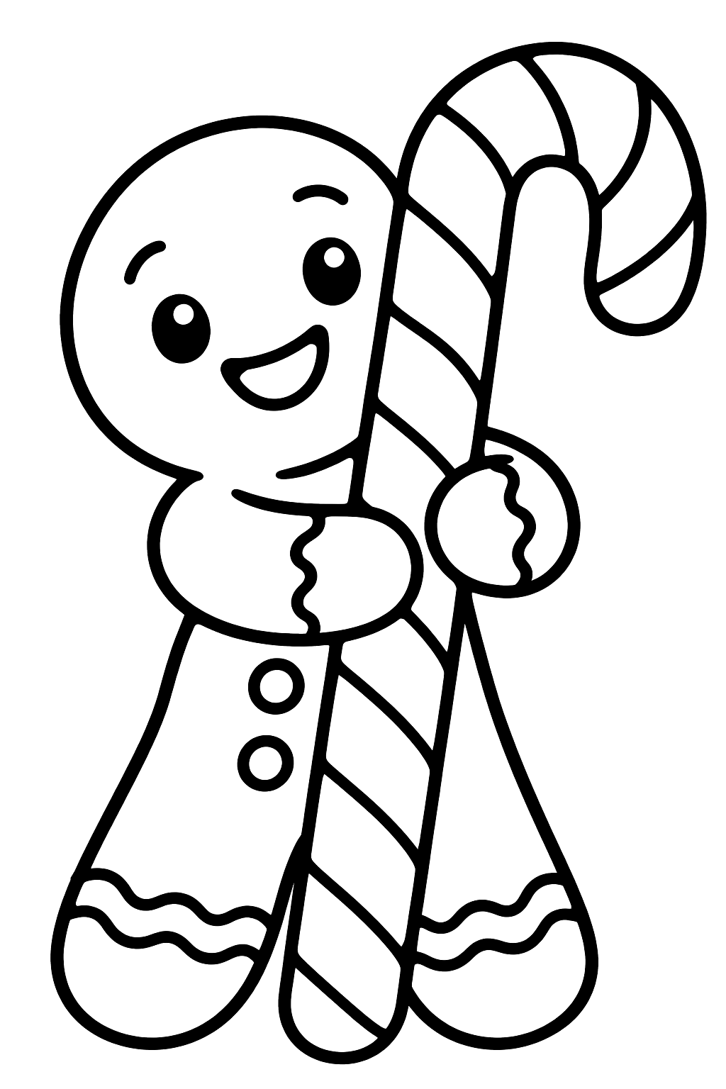 Gingerbread man hugging a giant striped candy cane with both arms coloring page