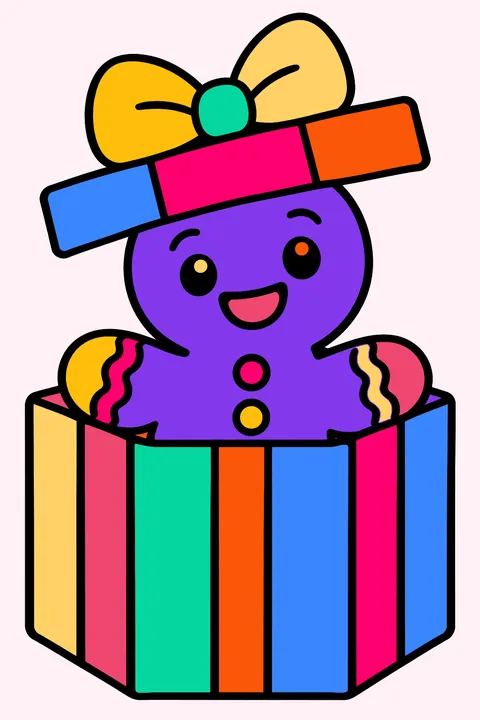 Gingerbread man peeking out of a gift box with a ribbon coloring page