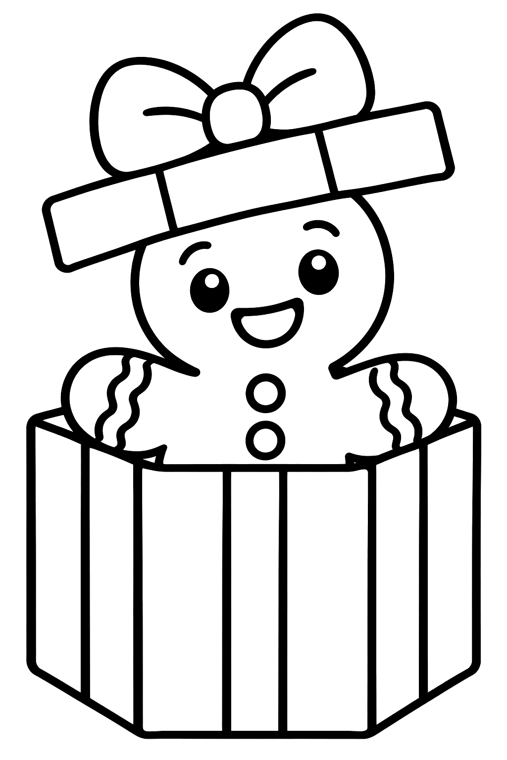 Gingerbread man peeking out of a gift box with a ribbon coloring page