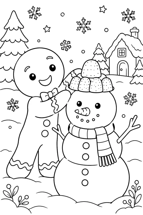 Gingerbread man building a snowman wearing a gumdrop hat coloring page