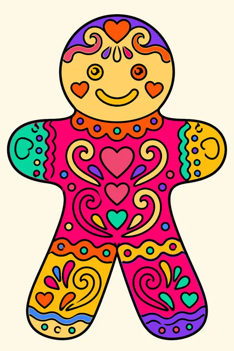 Gingerbread man covered in intricate royal icing swirls hearts and lace patterns coloring page