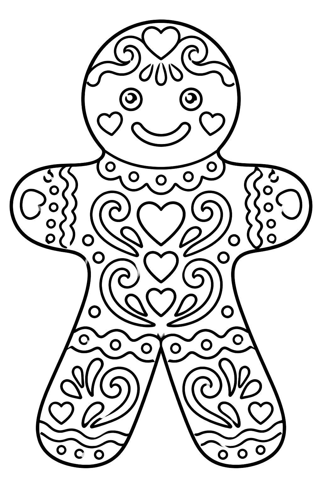 Gingerbread man covered in intricate royal icing swirls hearts and lace patterns coloring page