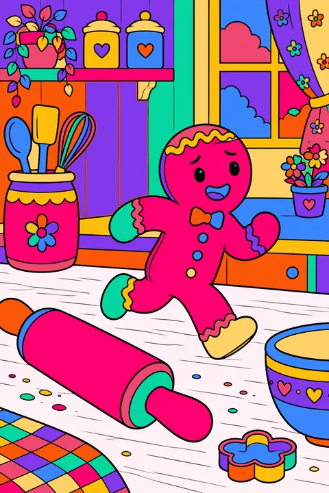 Gingerbread man running away across a kitchen counter past a rolling pin coloring page