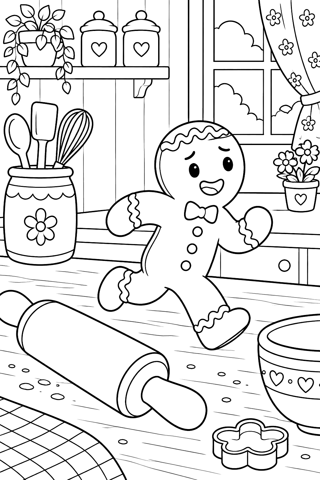 Gingerbread man running away across a kitchen counter past a rolling pin coloring page