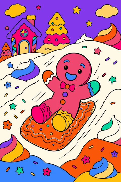 Gingerbread man sledding down a hill of whipped cream on a cookie sled coloring page