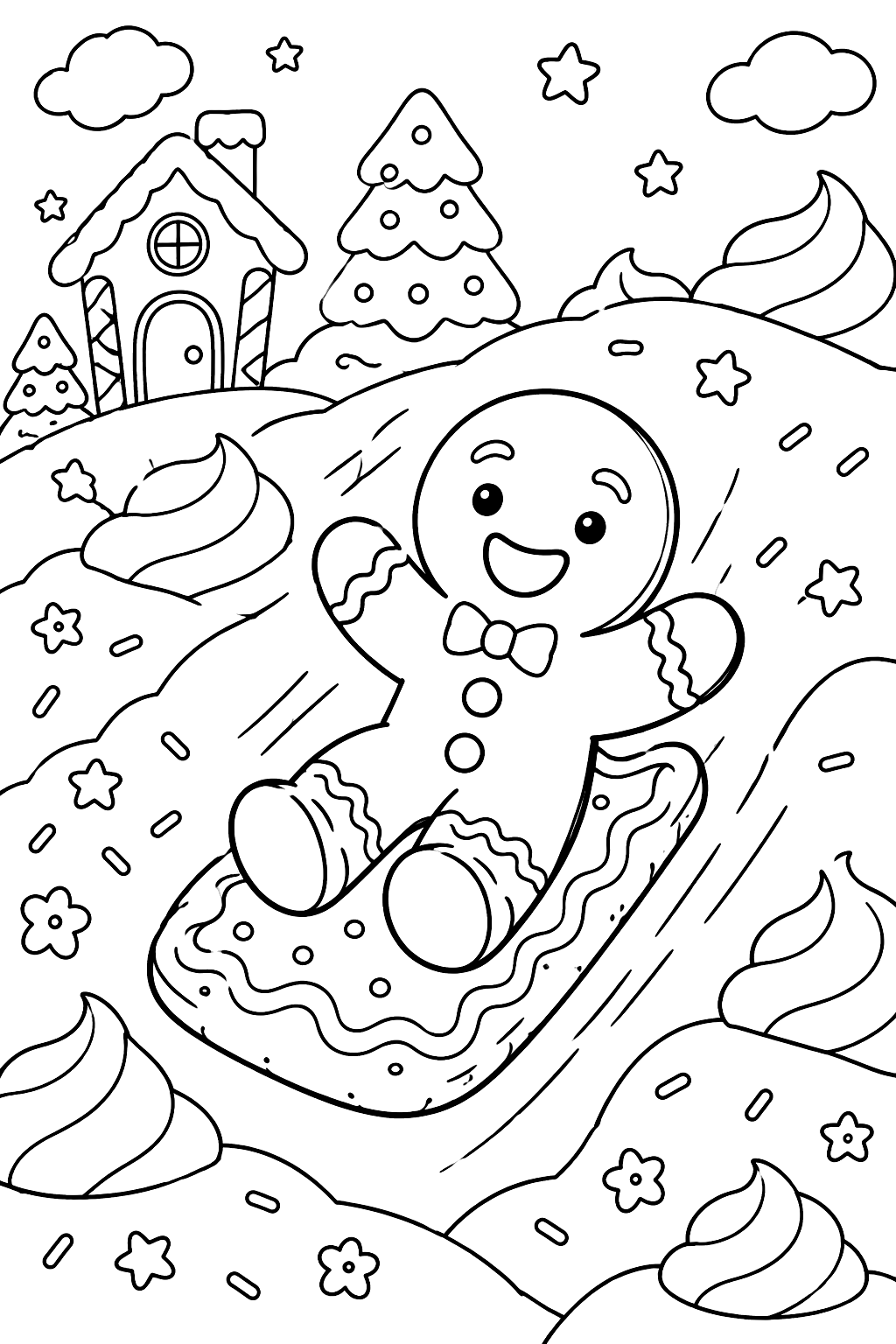 Gingerbread man sledding down a hill of whipped cream on a cookie sled coloring page