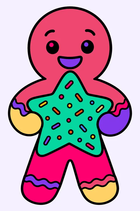 Gingerbread man holding a big star shaped cookie with sprinkles coloring page