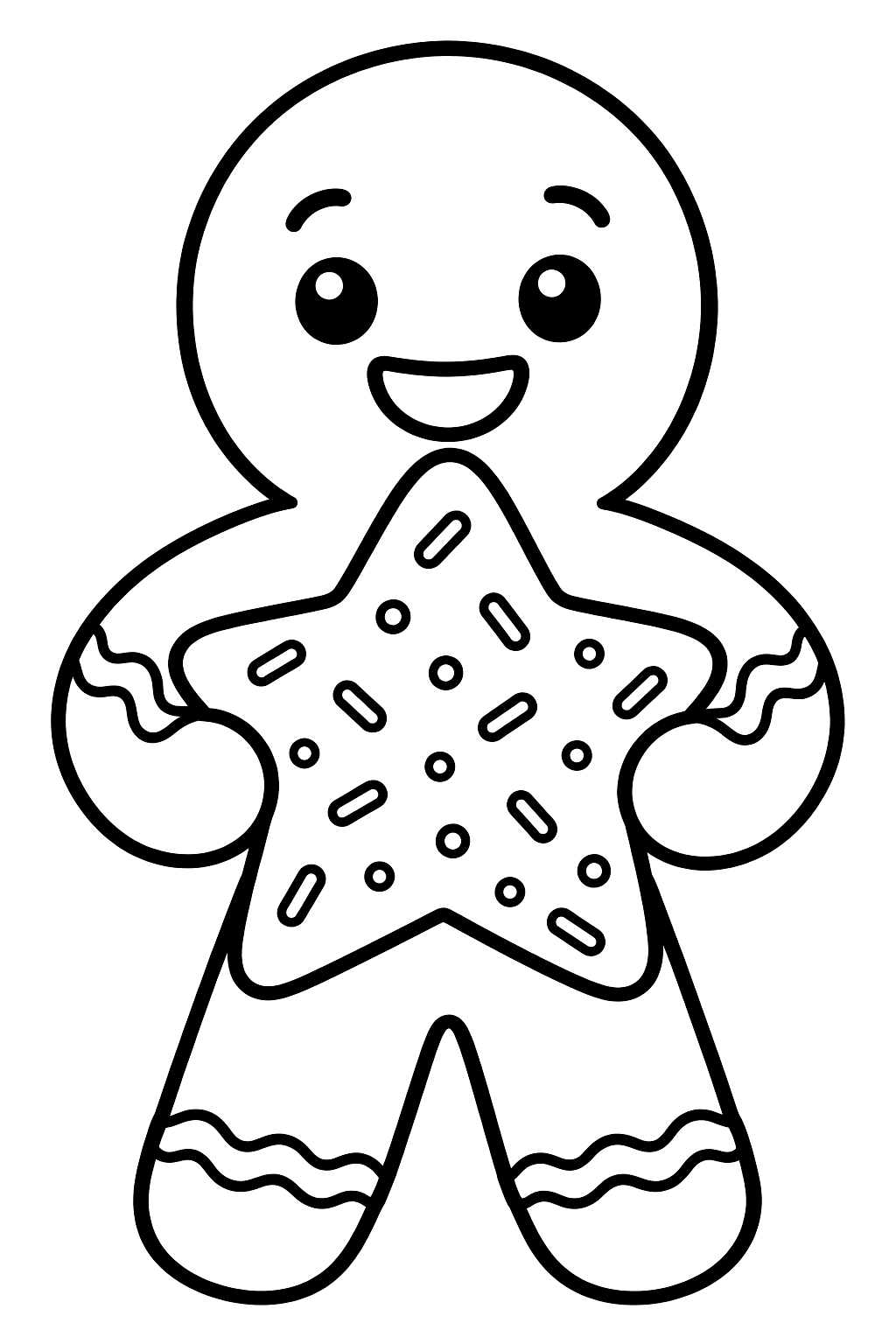 Gingerbread man holding a big star shaped cookie with sprinkles coloring page