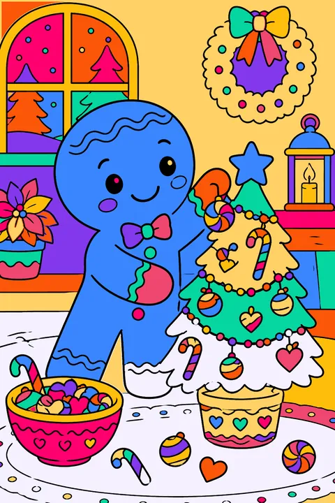 Gingerbread man decorating a tiny christmas tree with candy ornaments coloring page