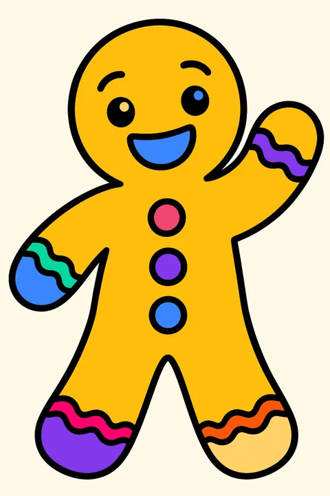 Gingerbread man waving hello with icing buttons and a big smile coloring page